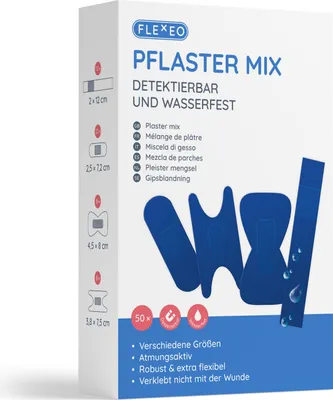 Produktbild von FLEXEO Pflaster Mix detektierbar wasserfest blau, 4 Pflastertypen, 50 Pflaster