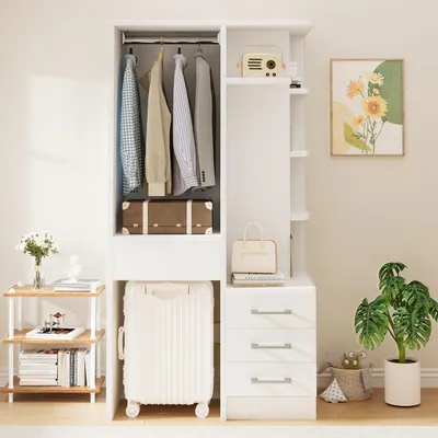 Produktbild von Merax Kleiderschrank mit Regalfächern und 3 Schubladen, Mehrzweckschrank mit Kleiderstange, für Schlafzimmer und Kinderzimmer, Garderobenschrank, Weiß