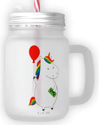 Produktbild von Mr. & Mrs. Panda Glas Einhorn Luftballon - Transparent - Geschenk, Unicorn, Freundin, Geld, Mason Jar, Mit Schraubdeckel, becher henkel, Trinkglas, Einhörner