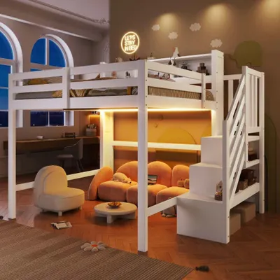 Produktbild von Stilvolles Hochbett mit LED-Leuchten und viel Stauraum, inklusive Ablageleiter und offenem Regal, ohne Matratze, Weiß + Natur, Größe: 140x200 cm
