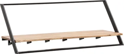 Wandgarderobe Akazie Massivholz mit Baumkante und schräg angeordnetem Metallrahmen in Seitenansicht.