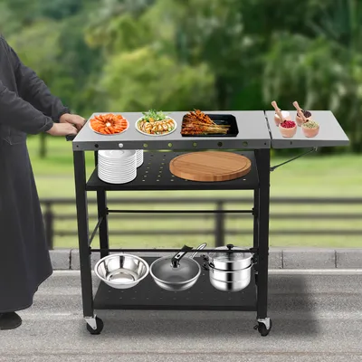 Produktbild von Grillwagen Tisch, Grillwagen Tisch mit klappbarem Beistelltisch, Kochvorbereitungstisch mit Rädern