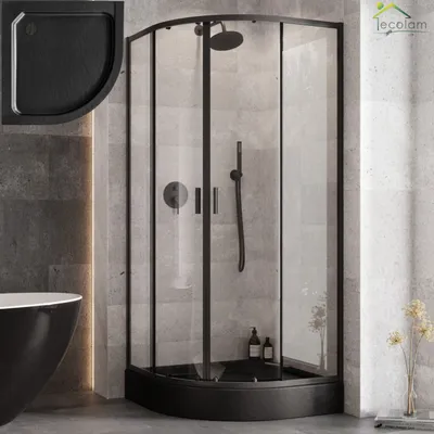 A modern black shower cabin and shower tray set in a bathroom setting.