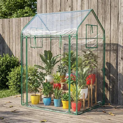 A small greenhouse filled with potted plants, set up on a wooden deck.