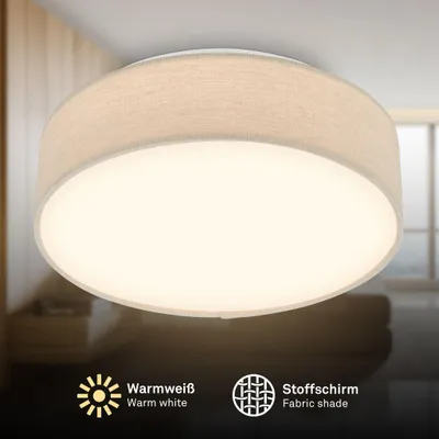 Immagine prodotto di Briloner Plafoniera LED con paralume in tessuto Ø30x10,5 cm rotonda 16W 1800lm 3000K bianco caldo beige - Lampada da soffitto soggiorno camera da letto cucina corridoio