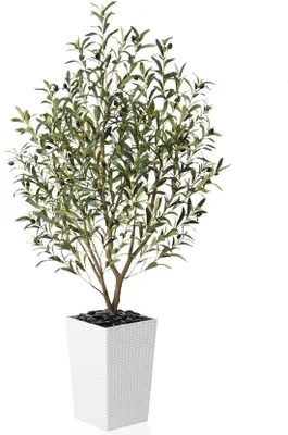Image de Olivier artificiel de 150 cm dans un pot blanc avec des galets, plante décorative pour le salon, le bureau et les intérieurs modernes
