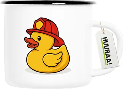 Produktbild von Huuraa Emaille Tasse Quietscheente Feuerwehr Comic Gummiente 300ml Vintage Campingbecher Geschenkidee