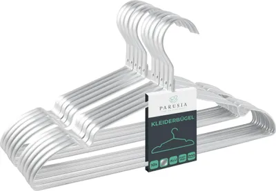 Produktbild von 10x Parusia Kleiderbügel silber,  42cm breit, 1cm stark, Kleiderbügel Metall rostfrei, formstabil, zur platzsparenden Kleideraufbewahrung & Organisation von Kleiderschrank, Kleiderständer