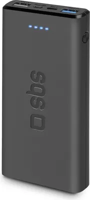 A black power bank is shown from a slightly angled front view.