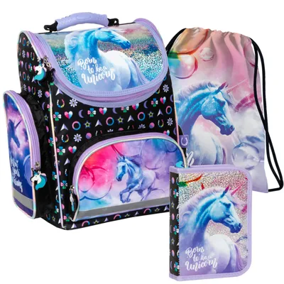 Produktbild von 3-Teiliges Set: Schulranzack „Einhorn“, Federmappen Mit Zubehör, Tasche