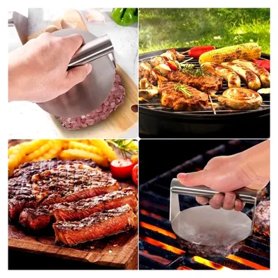 Produktbild von Burgerpresse Edelstahl 14 cm | Burger Smasher mit Antihaftfläche | Smashburger Pressplatte für Grill & Pfanne | Grillzubehör für Smashed Burger wie vom Profi