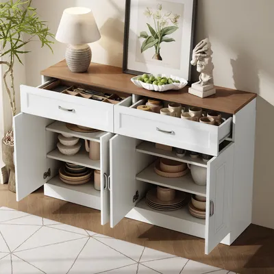 Produktbild von MODFU Wohnzimmer Sideboard mit Soft-Close-Türen,Beistellschrank mit 4 Türen & 2 Schubladen,Kommode mit offenen Regalen,Holzoptik