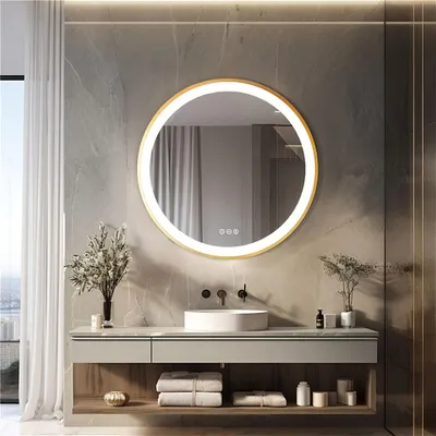 Obrázek produktu pro Zlatá LED koupelnová zrcadla s funkcí proti zamlžování – nástěnné zrcadlo s hliníkovým rámem a dotykovým ovládáním