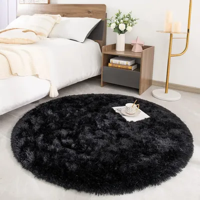Produktbild von Runder Plüschteppich flauschig weich 150 x 150 cm Schwarz