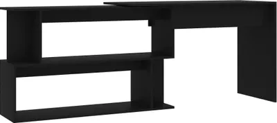 A black corner desk with shelves on a white background.