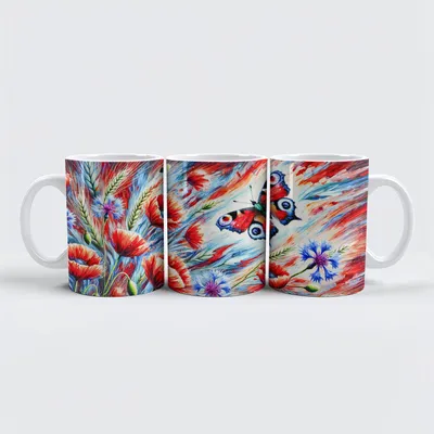 Image de Tasse Raxxa Premium « Papillon paon avec coquelicots et bleuets, peinture à l'huile »