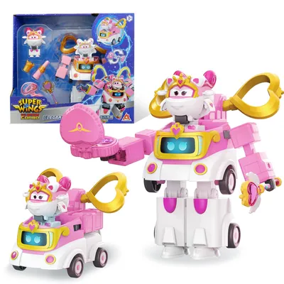 Produktbild von Super Wings Verwandlungsroboter Sara, 15,5 cm groß, 2-in-1 Verwandlungsroboter Fahrzeugspielzeug, mit 5 cm großer Figur, Verwandlungsfähiges Spielzeug für Kinder ab 3 Jahren Jungen Mädchen, rosa