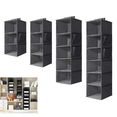 Several hanging closet organizers are displayed against a white background. A smaller inset image shows a closet filled with these organizers and other items.