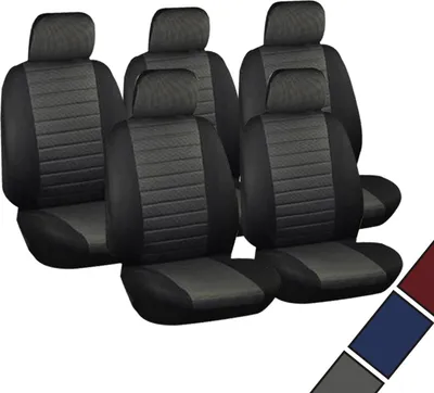 A set of five car seat covers arranged in a grid.