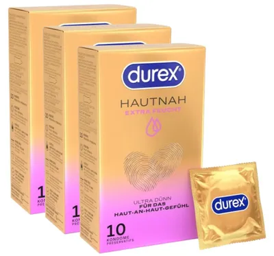 Produktbild von Durex Hautnah Extra Feucht Kondome – Ultra dünn, mit anatomischer Easy-On-Form & mit viel Silikongleitgel befeuchtet – 30er Pack (3 x 10 Stück) – Größe 1 stück (30er Pack)