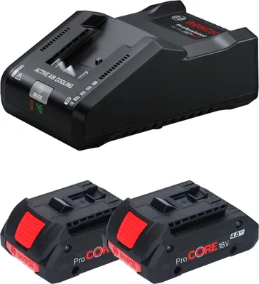 A black battery charger and two black and red batteries are shown against a white background.