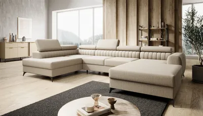 Produktbild von Wohnlandschaft U-Form Schlafsofa FARGO Stoff Vogue Beige Ottomane Rechts