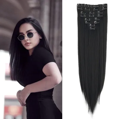 Produktbild von Gairyan 60cm Clip in Extensions Haarverlängerung Haarteil Glatt Lang 8 Teile Set Synthetik Haar Clip in Haarextension Kunsthaar für Mädchen (Schwarz)