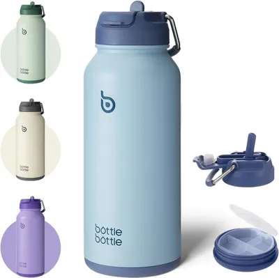 Image de Gourde en acier inoxydable 1L avec paille Thermos anti-fuite Sport Gym, pilulier Océan