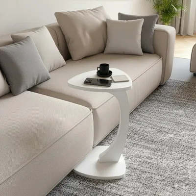 Produktbild von Beistelltisch C-Form Reuleaux-Dreieck, Weiß, Sofatisch mit Rollen, Couchtisch Laptoptisch Couch, 56 x 39.5 x 37 cm (Weiß, C-Form Dreieck