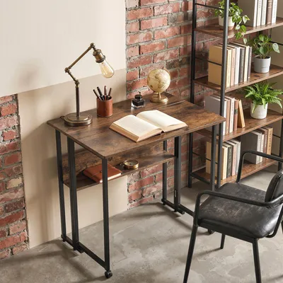 Produktbild von SUGIFT klappbarer Bürotisch, Klapptisch Schreibtisch mit Ablagefach, Spanplatte, Rustikal-Braun  |  mit Rollen  |  Tiefe klappbar auf 22 cm  |  80 x 58 x 75 cm