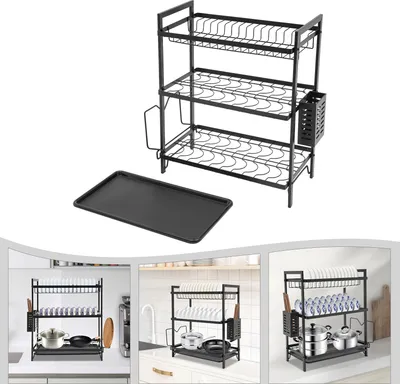 Obrázek produktu pro Stojany na nádobí 3patrový odkapávač na nádobí 43,5*24,5*50cm Odkapávač na nádobí černý