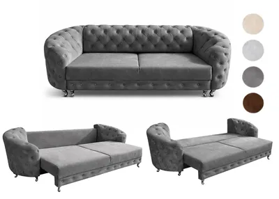 Produktbild von Chesterfield Schlafsofa MOLLY mit Bettkasten - 3-Sitzer Couch, Schlaffunktion, Samt Dunkelgrau, 290 cm