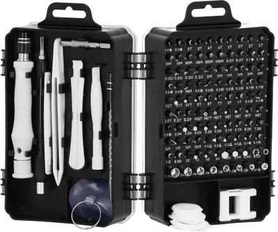 A black toolbox opened to reveal a set of precision screwdrivers and bits.