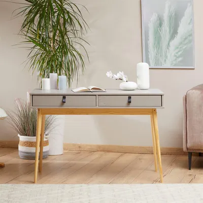 Produktbild von Schreibtisch WANDA mit 2 Schubladen aus Massivholz grau/natur - Bürotisch mit konischen Beinen, Home Office Büromöbel mit Stauraum