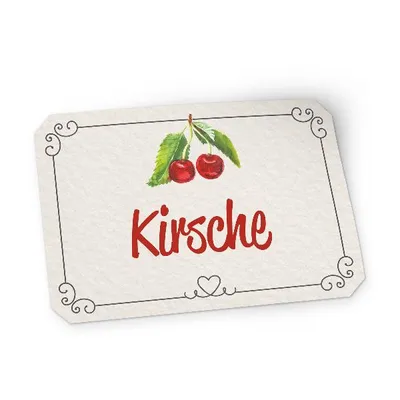 A decorative label with cherries and the word 'Kirsche' (cherry in German).