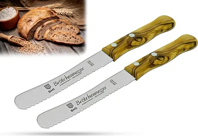 Produktbild von SMI 2 Stück Brötchenmesser 22,5 cm - Edelstahl Frühstücksmesser mit Wellenschliff, Buckelsmesser, Olivenholzgriff, Nicht spülmaschinenfest