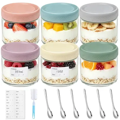 Image de Pot à overnight oats - Bocal en verre - 350 ml - Avec couvercle et cuillère - Lot de 6 - Pour petit-déjeuner et yaourt