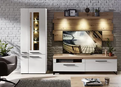 Produktbild von Wohnwand LOFT-TWO 81 mit LED-Beleuchtung, Weiß und Artisan Eiche Holznachbildung