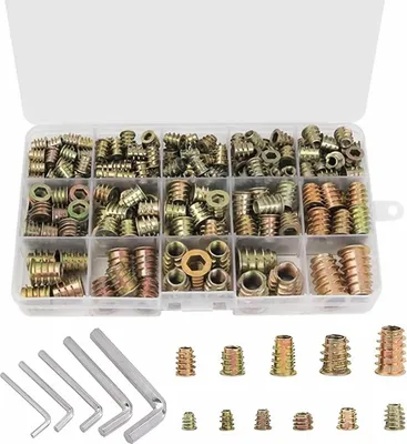 Produktbild von 230 Stück Einschraubmutter Gewindeeinsatz Holz, M4 M5 M6 M8 M10 Zink-legierung Einschraubmuffen, Holzmöbel Gewindeeinsätze, Innensechskantmuttern Sortiment für Holzmöbel Gewindeeinsätze