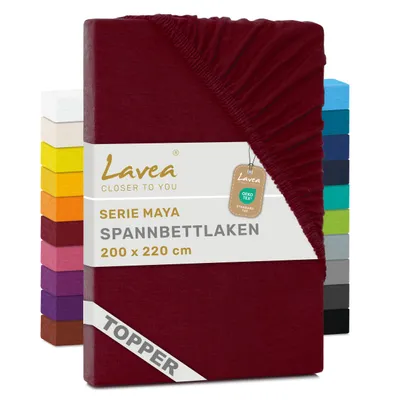 Zdjęcie produktu dla Lavea® Prześcieradło na materac z dodatkową warstwą, 200x220 cm, kolekcja Maya, 100% bawełna dżersej – Miękkie prześcieradło na materac z dodatkową warstwą, pasujące do materacy o grubości do 10 cm – Kolor: Bordeaux