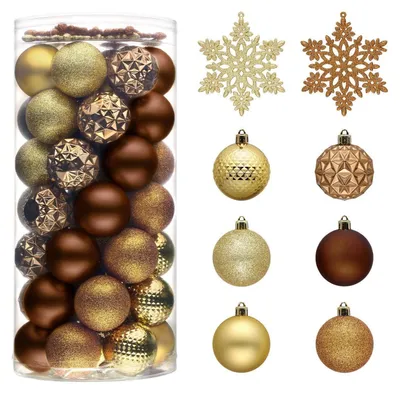 Productafbeelding van Kerstballen van kunststof, 50 stuks, bronskleurig, 5 cm groot, met sneeuwvlokken, voor kerstdecoratie