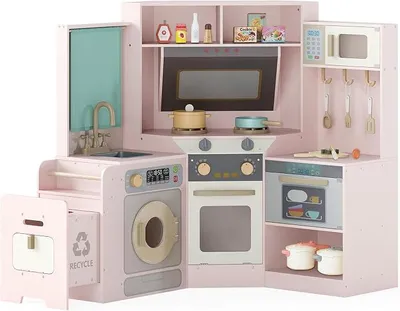 Imagen del producto de Cocina de madera para niños, cocina de juguete con luces y sonidos, cocina de madera con accesorios, incluye lavavajillas, fregadero, horno y microondas, juego de cocina para niños pequeños a partir de 3 años (rosa)