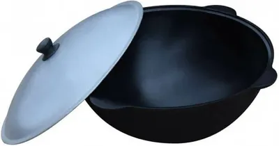 A black cast iron pot with a gray lid is shown against a white background.
