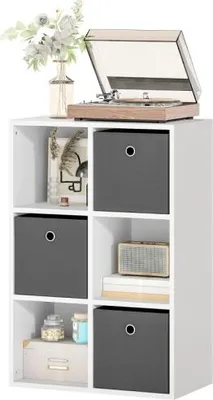 Produktbild von Grau Regal mit 6 Faechern und 3 Stoffschubladen 53.7x30x79.8 cm Holz Aufbewahrungsregal Vielseitig