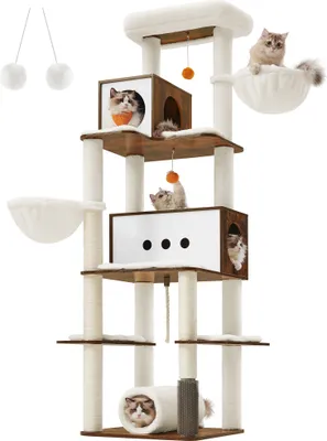 Produktbild von Feandrea Kratzbaum groß, 197cm, Katzenbaum XXL, modern, mehrstöckiges Katzenhaus, Katzenbürste, Tunnel vintagebraun