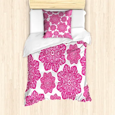 Produktbild von ABAKUHAUS Hot Pink Mantele, Eastern Entwurf, Milbensicher Allergiker geeignet mit Kissenbezügen, 135 cm x 200 cm - 80 x 80 cm, Pink Weiß