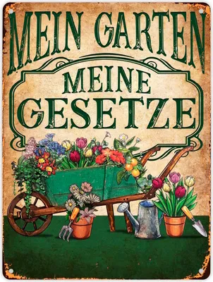 Produktbild von Mein Garten Meine Gesetze Metallschild XL in 21x28 cm mit Blumenwagen