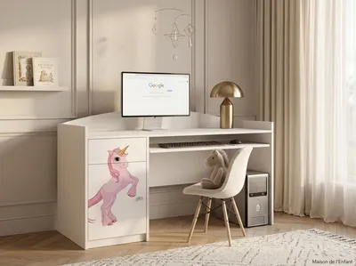 Immagine prodotto di Happy B04 Scrivania per computer per bambini | Scrivania per studenti bianco opaco | Scrivania compatta con cassetto porta tastiera per bambine e bambini, unicorno