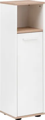 Produktbild von BadeDu ARC Midischrank mit verchromtem Griff  Schrank für das Badezimmer (30 cm x 103,5 cm x 28 cm)  Badschrank schmal aus Holz in Weiß und Eiche