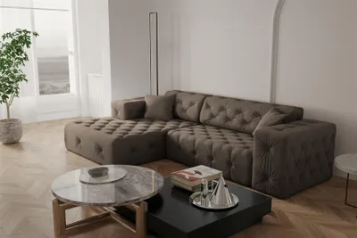 Produktbild von Ecksofa Designersofa CHANTAL in Stoff Opera Velvet Braun Ottomane Links
